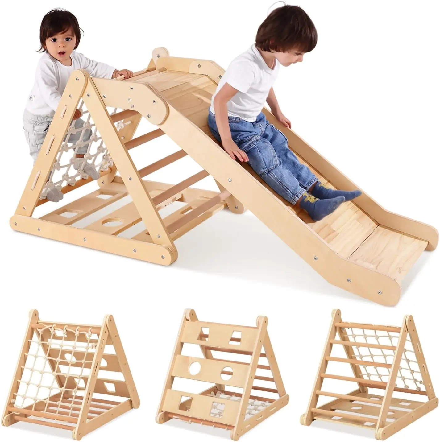 4 in 1 Climbing Triangle with Slide, 3-Side Kids Climbing Triangle Ladder, Climbing Net & Board,