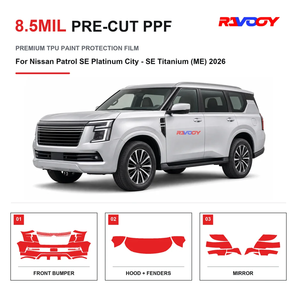 Film de protection de peinture transparent en TPU auto-cicatrisant anti-UV de 8,5 mil pour Nissan Patrol SE Platinum City - SE Titanium (ME) 2026, prédécoupé