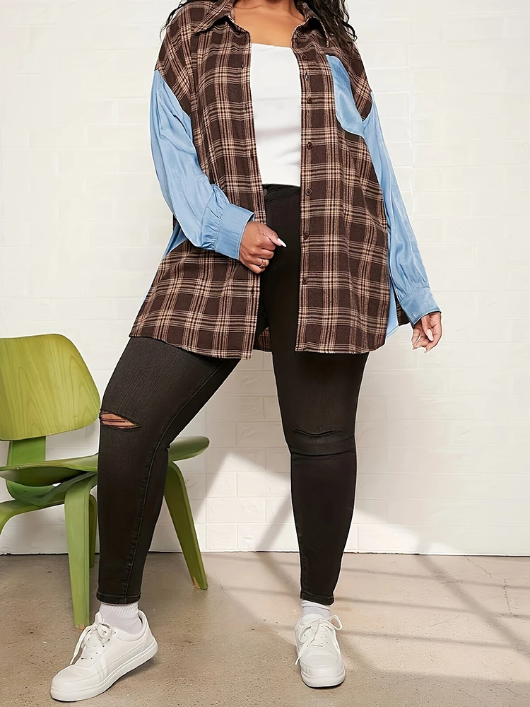 Women Checkered Jacket Plus Size Splicing Design Simplicity Fashion Versatile Flip Collar Single Breasted Button Plaid Coat