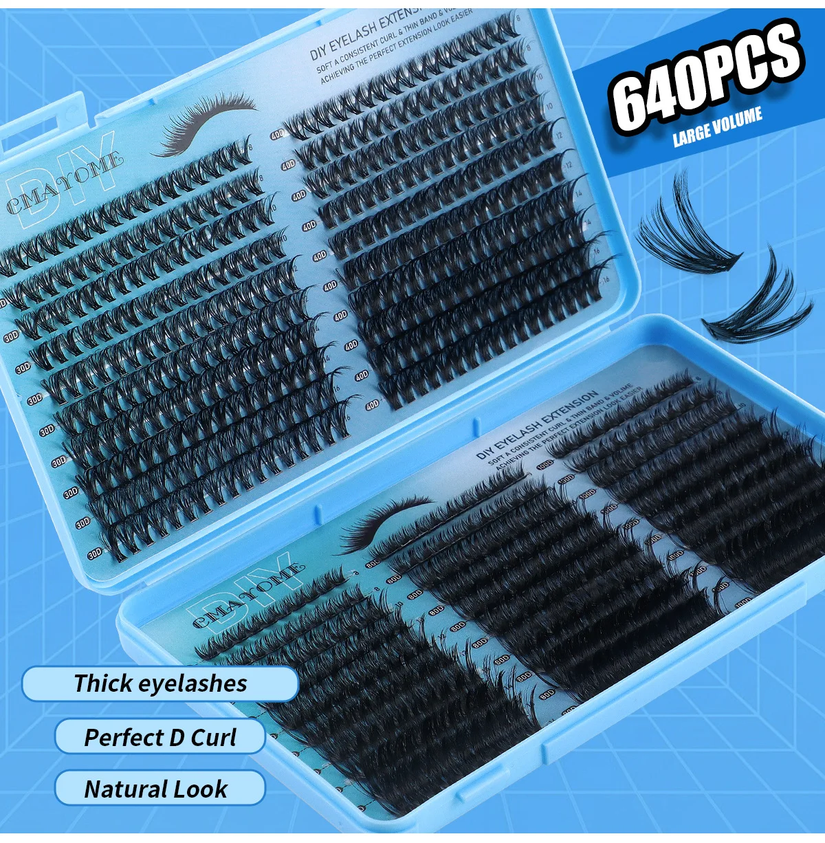 640 Pcs Segmented Cluster False Eyelashes Book, D Curl Natural Density 30D/40D/60D/80D/100D Mixed Blue Eyelash Extension Set