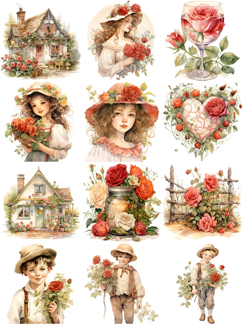 12Pcs/Pack Rose Girl Sticker DIY Craft Scrapbooking Album Junk Journal Decorative Stickers