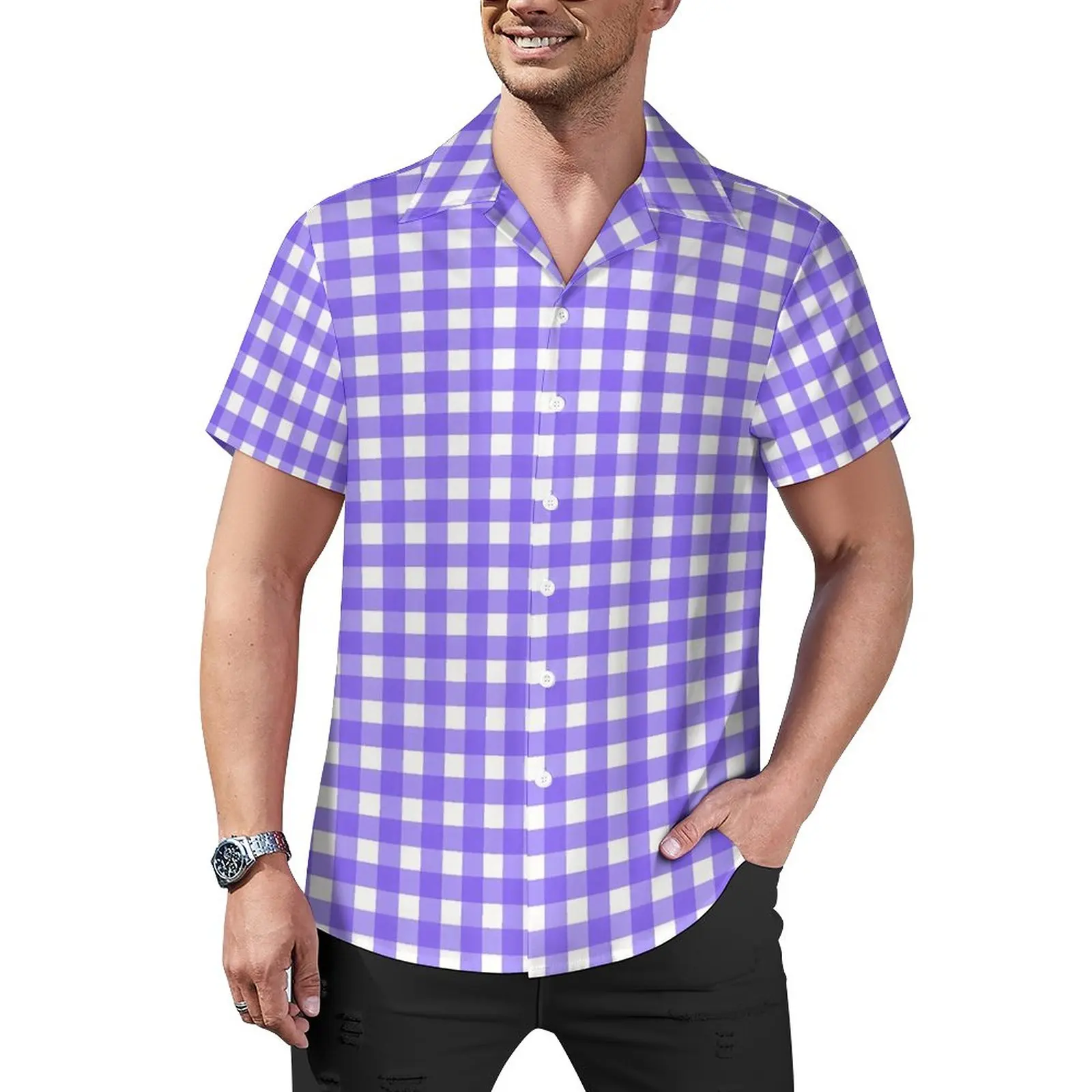 

Blue And White Gingham Blouses Men Checkerboard Casual Shirts Summer Short Sleeve Design Trending Oversized Vacation Shirt Gift