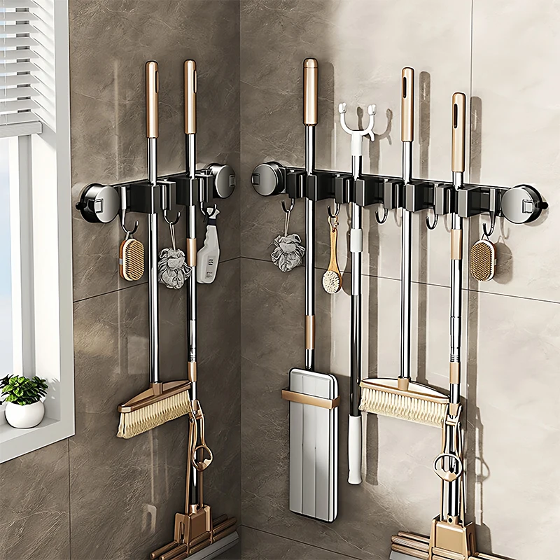 Besenhalter aus Aluminium, Wandmontierter Multifunktionaler Aufbewahrungsständer für Badezimmer, Küche, Garage und Gartenwerkzeuge