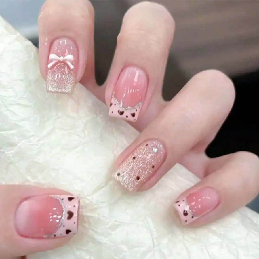 

Women's Pink Press On Nails with Bow & Heart Accents - Cute Daily Manicure Accessory