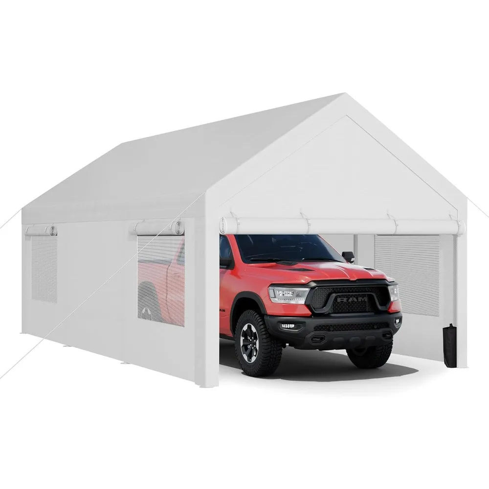 

JY QAQA Carport, сверхмощные карповые усиленные стальные столбы размером 12x20 футов со съемными боковыми стенками и дверями, автомобильный навес с поворотными окнами