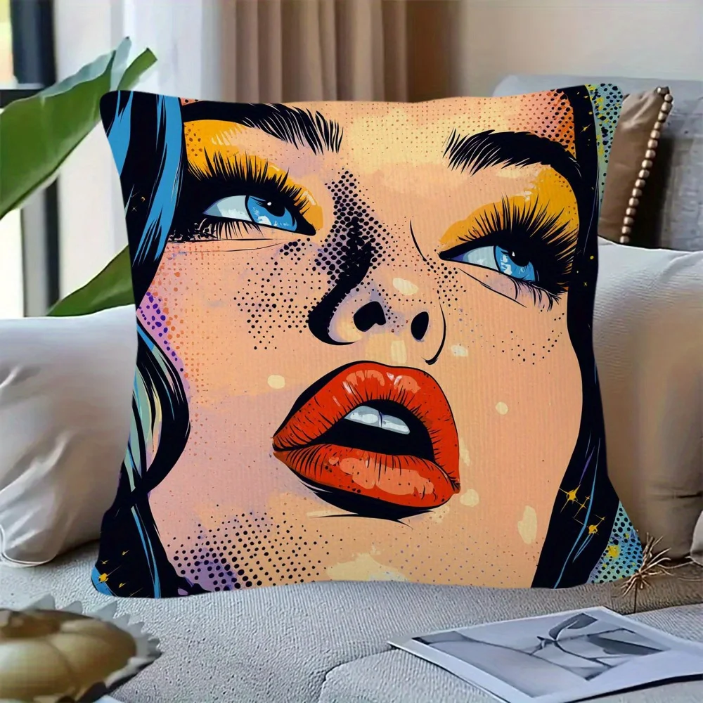 Pop Art Girl Pillow Case, Retro Comic Book Style Cushion Cover Vintage Cartoon Face Home Decor for Sofa Bedroom Living Room Gift
