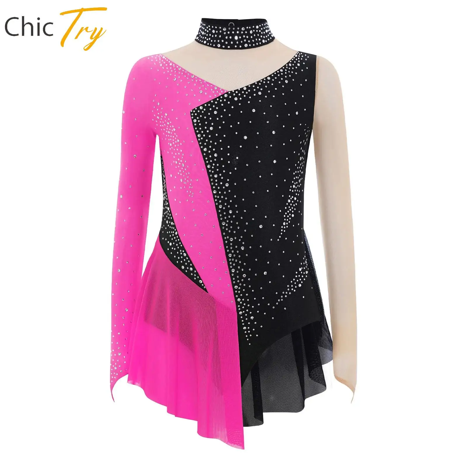 

Teen Girls Modern Lyrical Dance Dress Shiny Rhinestone Sheer Mesh Ballet Gymnastics Leotard Figure Skating Performance Costume