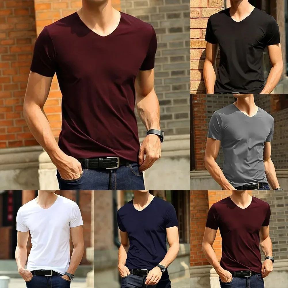 Fashion Men\'s Basic T-shirts Solid Color Summer Short Sleeve Ice Silk Trackless V-Neck Slim Fit T Shirt For Men Clothing Tee