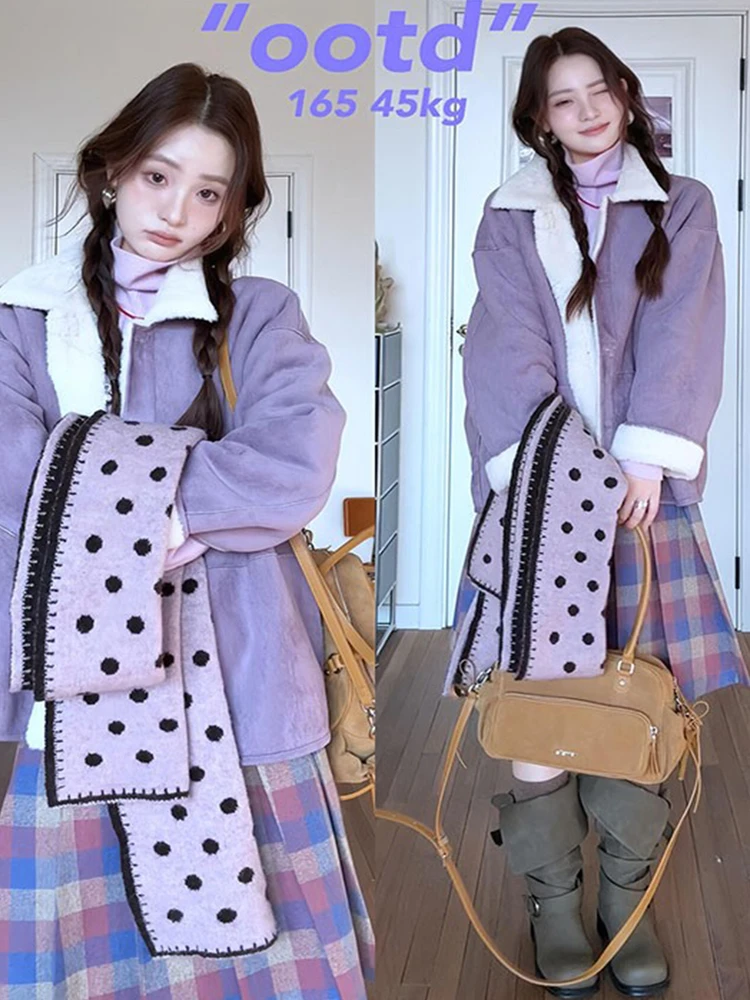 

Winter Women's Gentle Faion Set High Collar Base irt Plaid Skirt Tee Piece Korean Sle Loose Fit Long Sve
