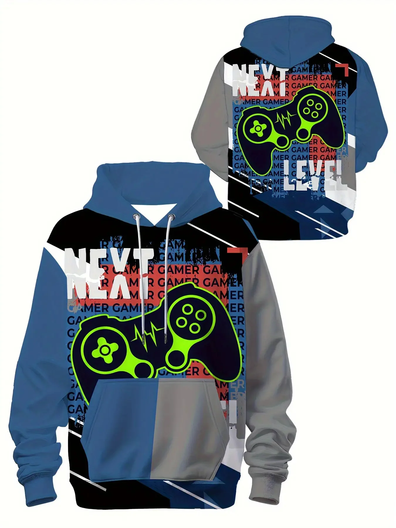 Men Game Controller Next Level Gamer Print Patchwork Drawstring Hoodie With Pocket