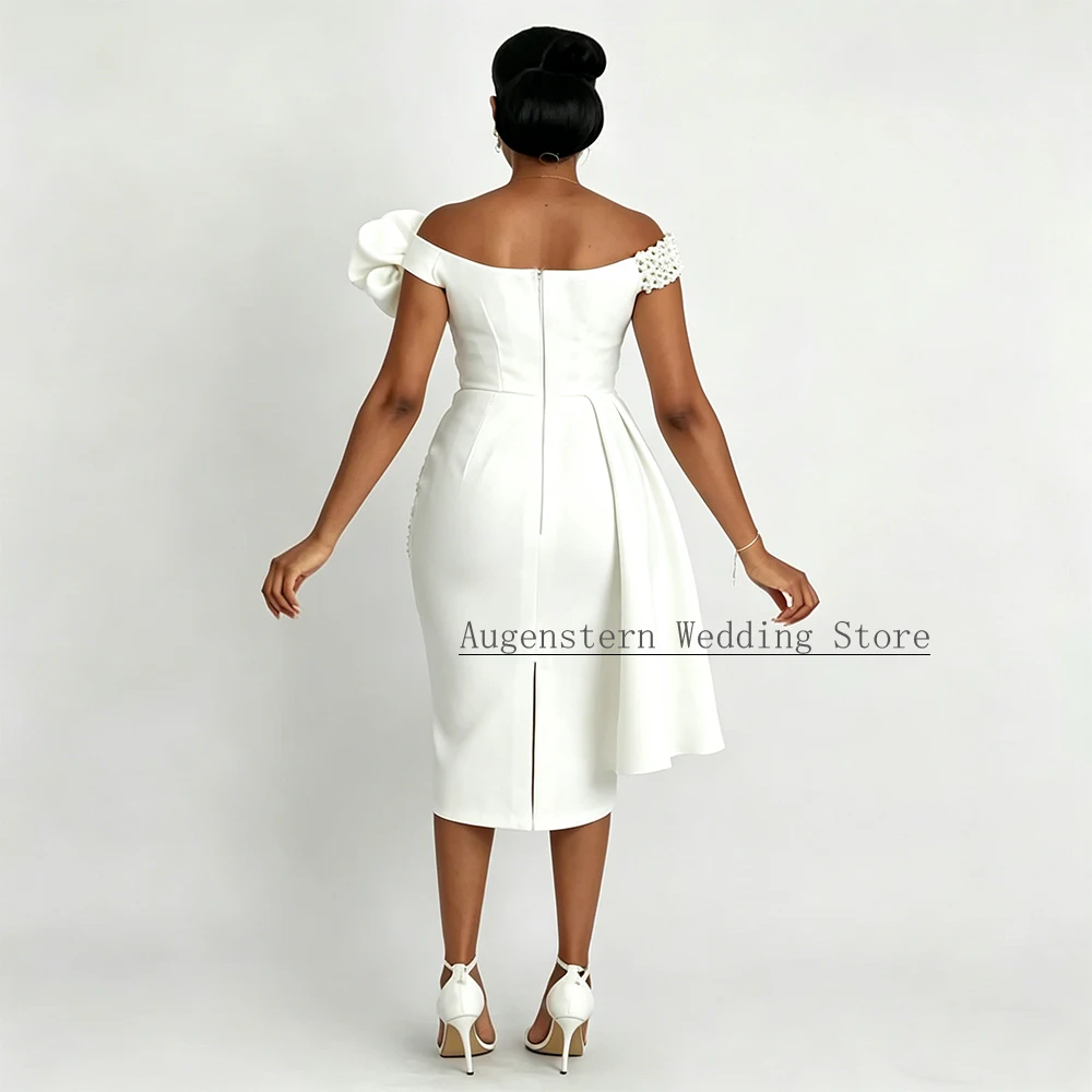 Sheath/Column Wedding Dress Short Off the Shoulder Pearls Luxury  Gown for Bride White Draped Tea Length Bridal Dresses
