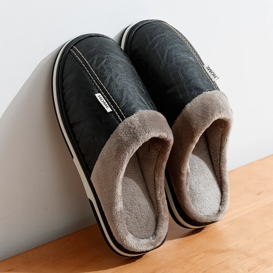 Big Size Winter Casual Men\'s Slippers Indoor Waterproof PU Leather Home Shoes Fur Flat Warm Fashion Bedroom Houseshoes