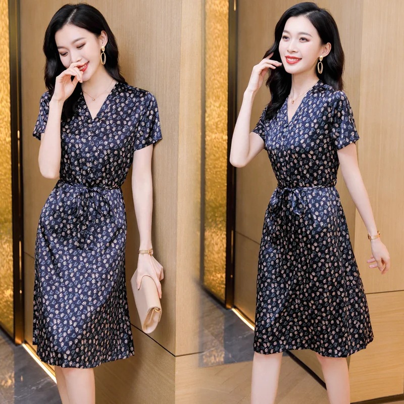 9312 Heavy 2024 Summer New Temperament PrintedLace-up Silk Midi Dress