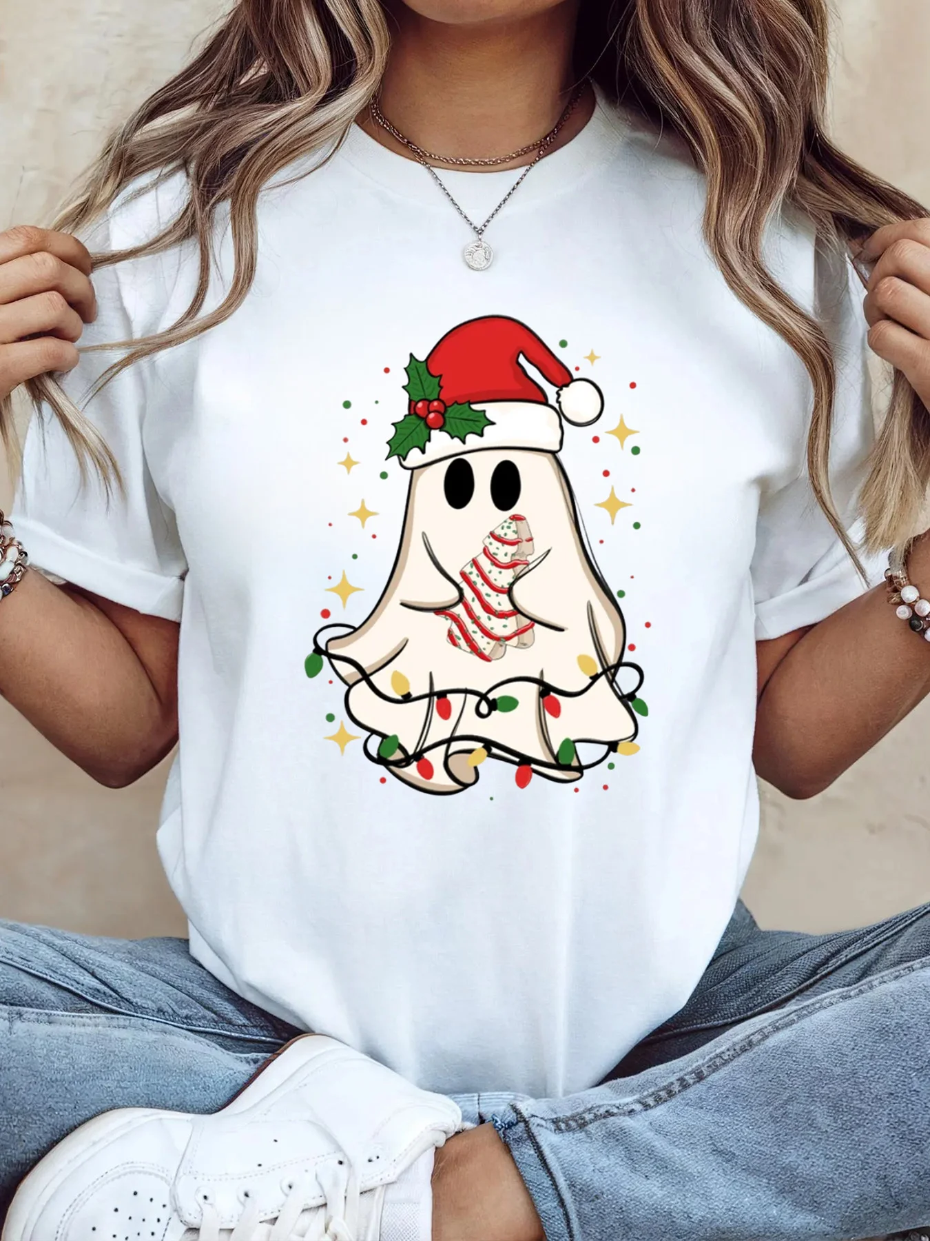 Cute Christmas Tree Cake T-Shirt with Candy Cane & Holly Design Casual Short Sleeve Round Neck Tee Harajuku Short Sleeve Casual