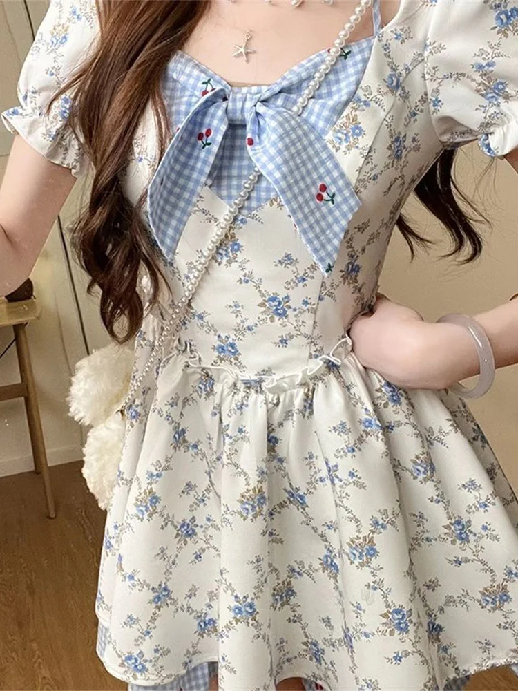 Jmprs lindo vestido Floral con lazo mujeres Kawaii dulce Mini vestido de manga corta Casual Vintage ajustado estilo Preppy señora Japón vestido de Lolita