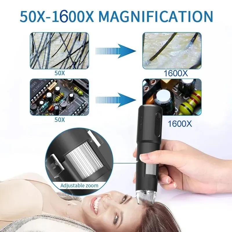 Microscope numérique sans fil 50X-1600X zoom microscope portable avec support réglable, adapté aux enfants et aux cadeaux prend en charge les systèmes IOS et android