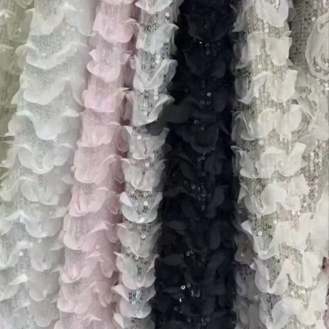 

1 Yard White/Pink Sequin Mesh Fabric with 3D Wave Embroidery – 1.3m Wide for Dresses, Wedding, Elegant Vintage Style