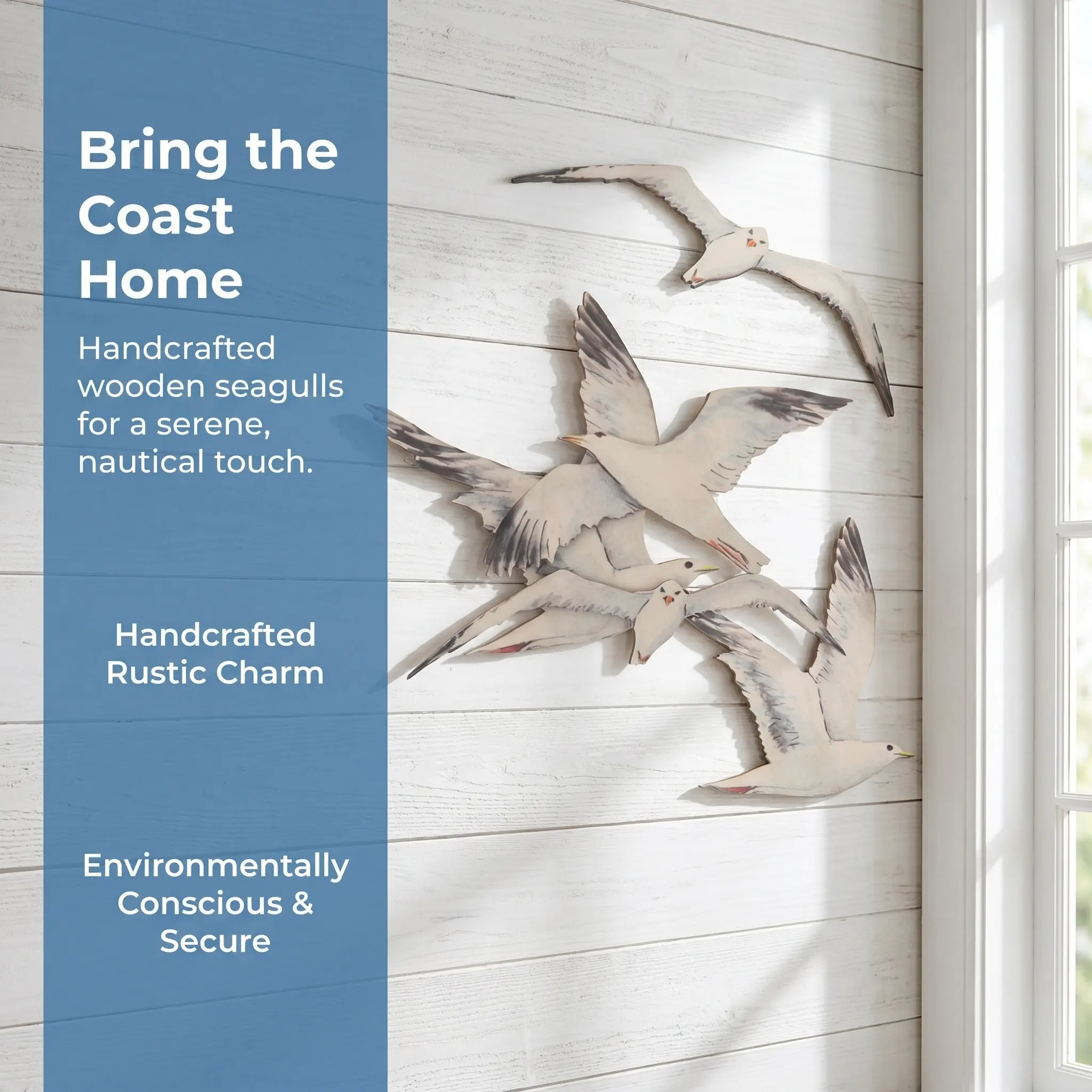 3Pcs Wood Seagull Statue Wall Sculpture Nautical Home Decor Rustic Coastal Wall Art Seaside Beach Room Ocean Bathroom