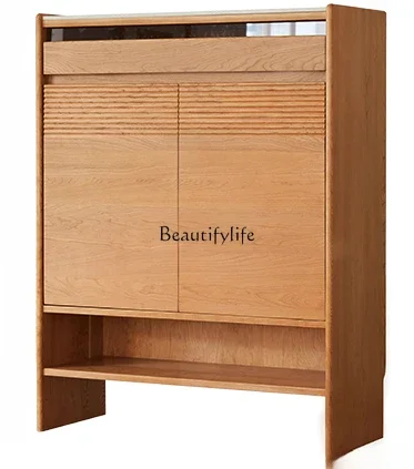 

FG17Solid Wood Porch Shoe Cabinet Log Style Japanese Style Cherrywood Home Shoe Changing Stool