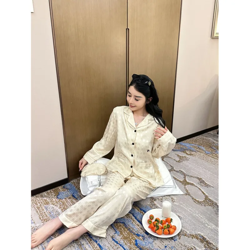 2025 Two Piece Set Women High End Jacquard Pajamas Sleepwear Ice Silk Double Pocket Luxury Nightwear Long Sleeve Pants Sleepwear