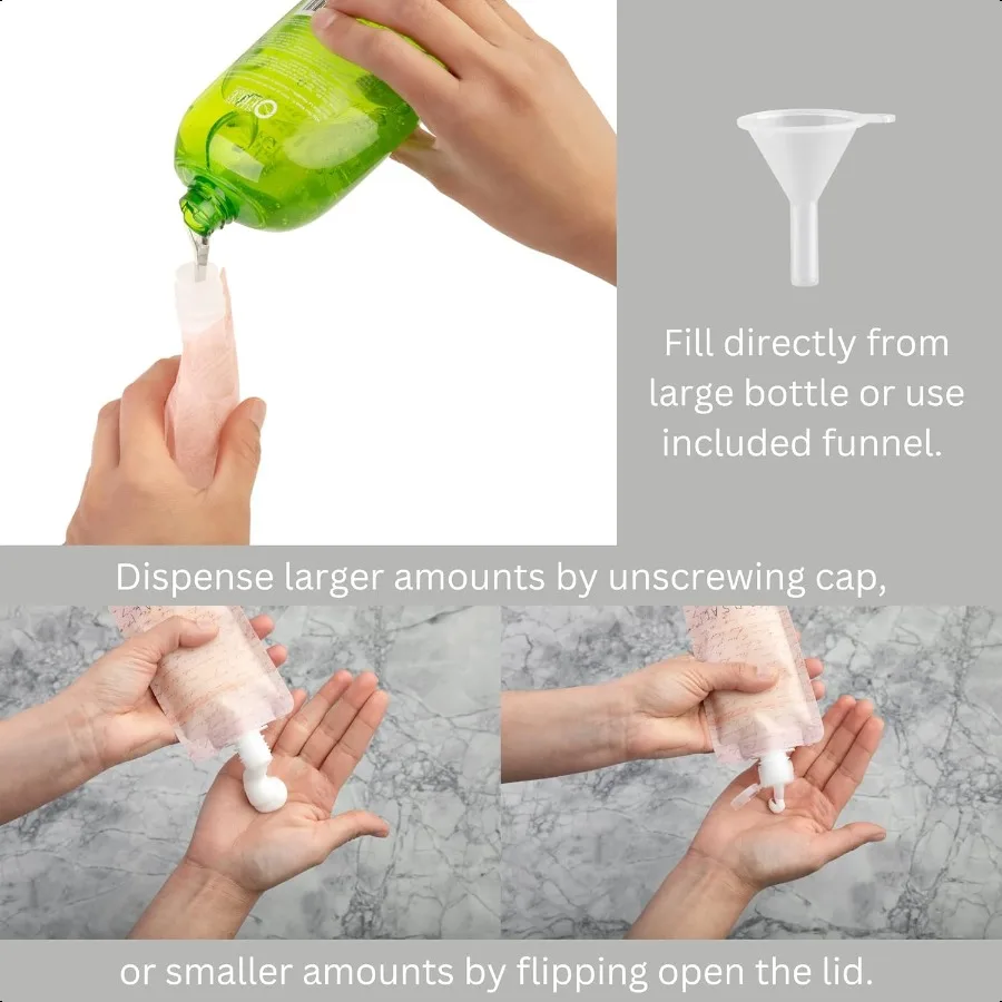 Garrafas de viagem BORSALI para produtos de higiene pessoal aprovadas pela TSA Recipientes de tamanho de viagem de 3 onças para líquidos Bolsas planas recarregáveis vazias