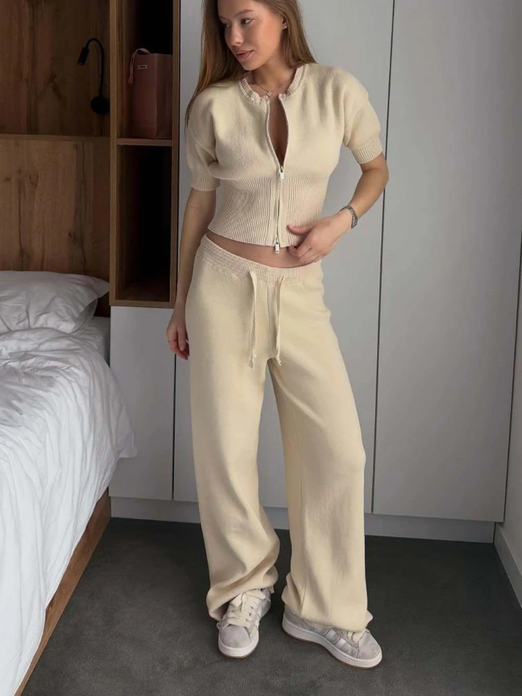 Sunuyoo Women's Ribbed Knitted Two-piece Zipper Open Top and Pants Set Casual Home Wear Suitable for Home and Street Wear