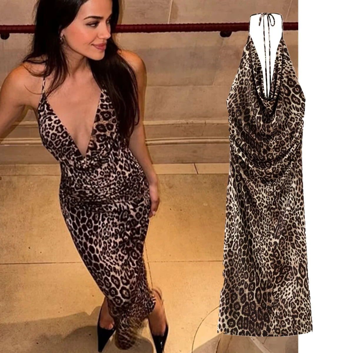 Maxdutti Sexy Backless Vestidos Leopard Midi Dress Summer Dress Women Print Suspender Dress Women