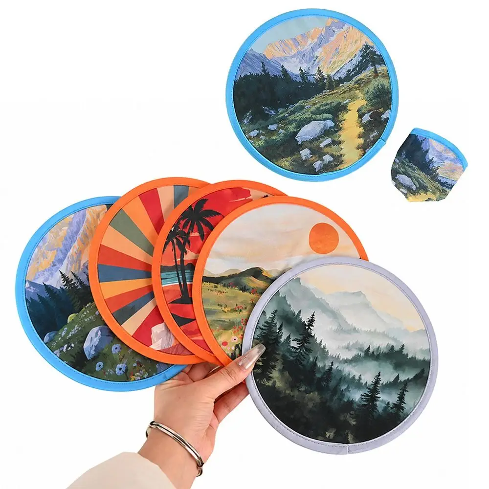 New Round Shape Round Foldable Hand Fans Oil Painting Flower Folding Fan Cartoon Pocket Fans Office