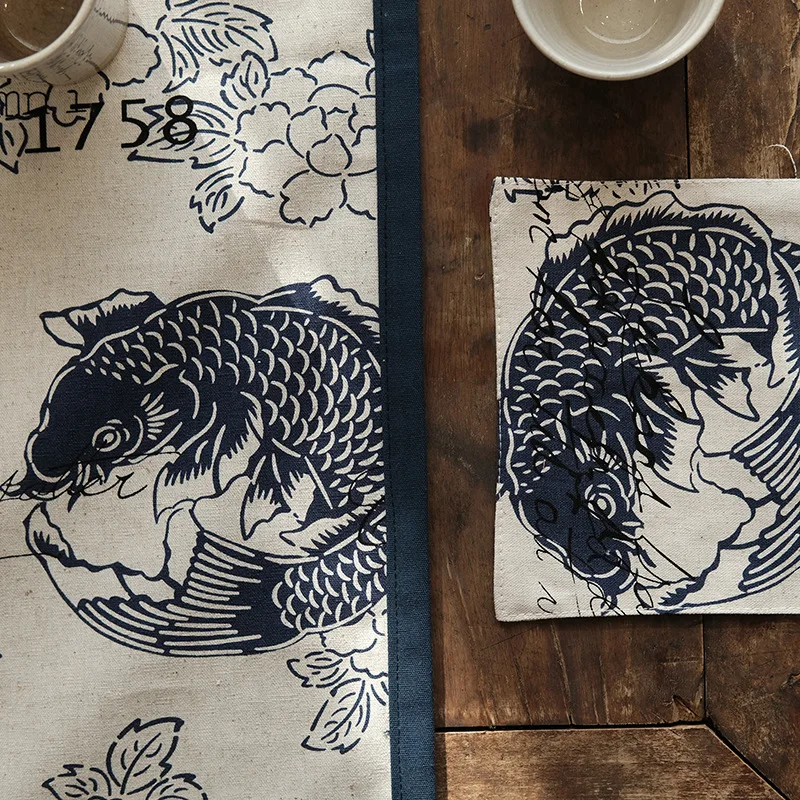 Ethnic Chinese Style Carp Table Runner Tea Table Towel Linen Cotton Tea Mat Chinese/Japanese-Style Kung Fu Tea Decor