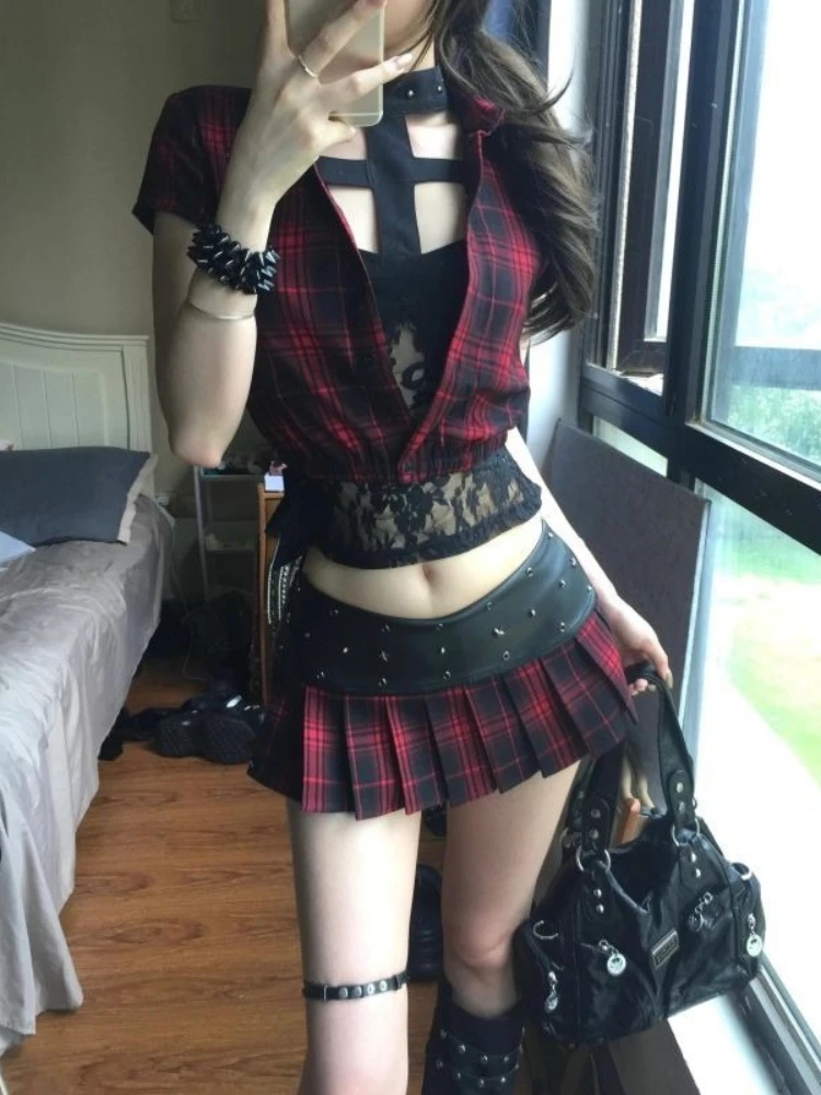 

New Gothic Plaid 3 Piece Set Women Retro Short Sleeve Halter Crop Tops Mini Pleat Skirt Punk Sexy Streetwear Design Outfits 2025
