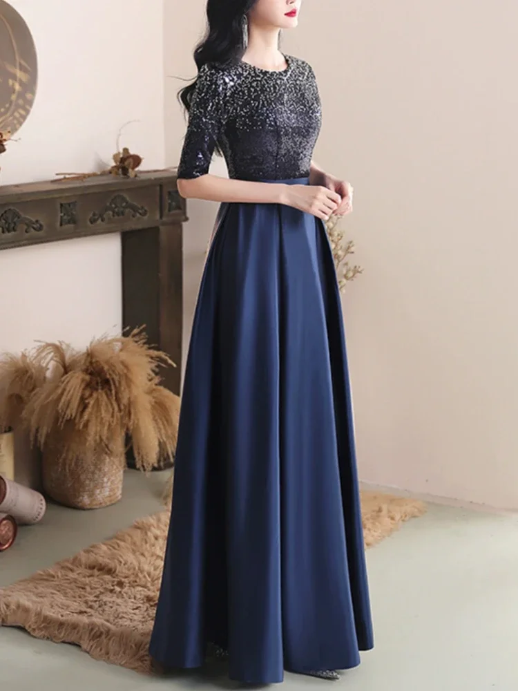 Customized Customized O-neck Sequined Slim Waist Evening Dresses Banquet Simple Temperament Half Sleeve Prom Dress Pleated Elega