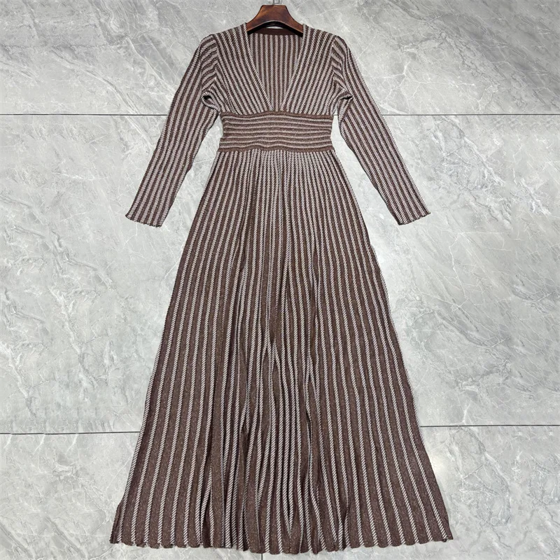 women's casual dresses New elastic knitted slim striped long dress for autumn 2026 Metal yarn blended V-neck dress party dress