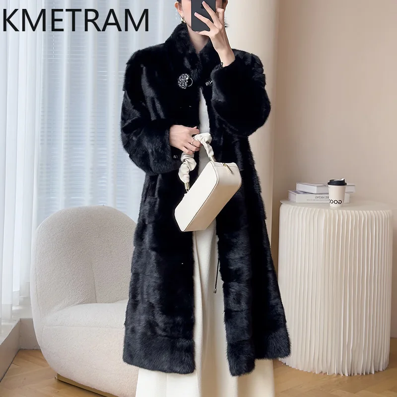 จริงทั้ง Mink FUR Coat ผู้หญิงหรูหราสีดํายาวเสื้อขนสัตว์คุณภาพสูงฤดูหนาวเสื้อผ้าผู้หญิง Furry แจ็คเก็ต 2025 