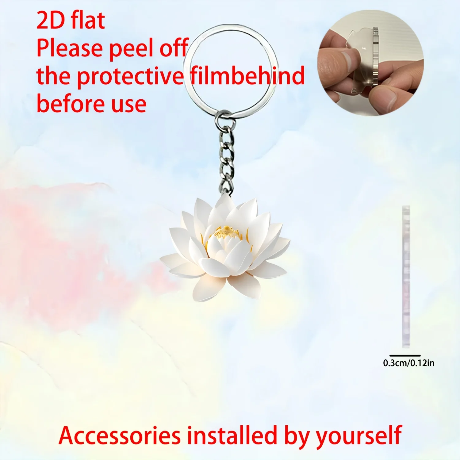 Porte-clés Lotus blanc 2D, pendentif élégant, ornement plat suspendu en acrylique pour cadeau, sac à dos, clés de voiture, décoration de maison, fête