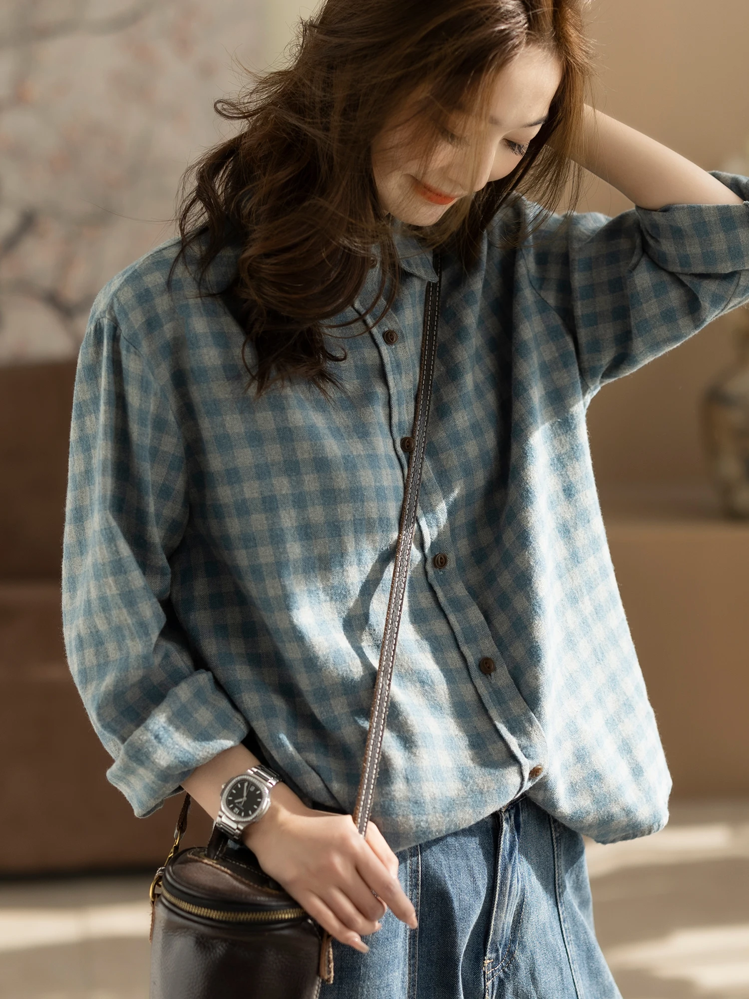 

Double-Sided Brued Plaid irt Large Size Retro Faion Layering Loose Lazy Sle Slimming Top Casual Cotton Button-Up