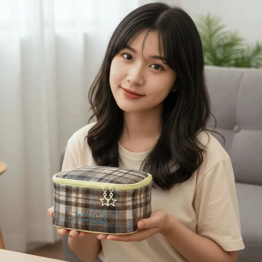 Candy Color Plaid Cosmetic Bag Handbag Cartoon Puppy Embroidered Pouch for Make Up Kit Korean Style Thickened