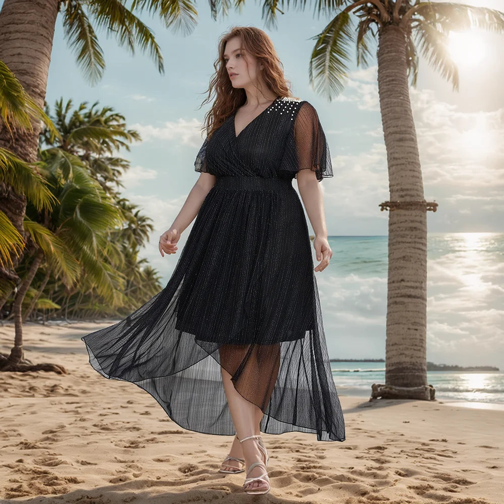 Sukienka koktajlowa, elegancka, plus size, błyszcząca, brokatowa, marszczona, obcisła mini sukienka, sukienka z cekinami, z falbankami na rękawach.