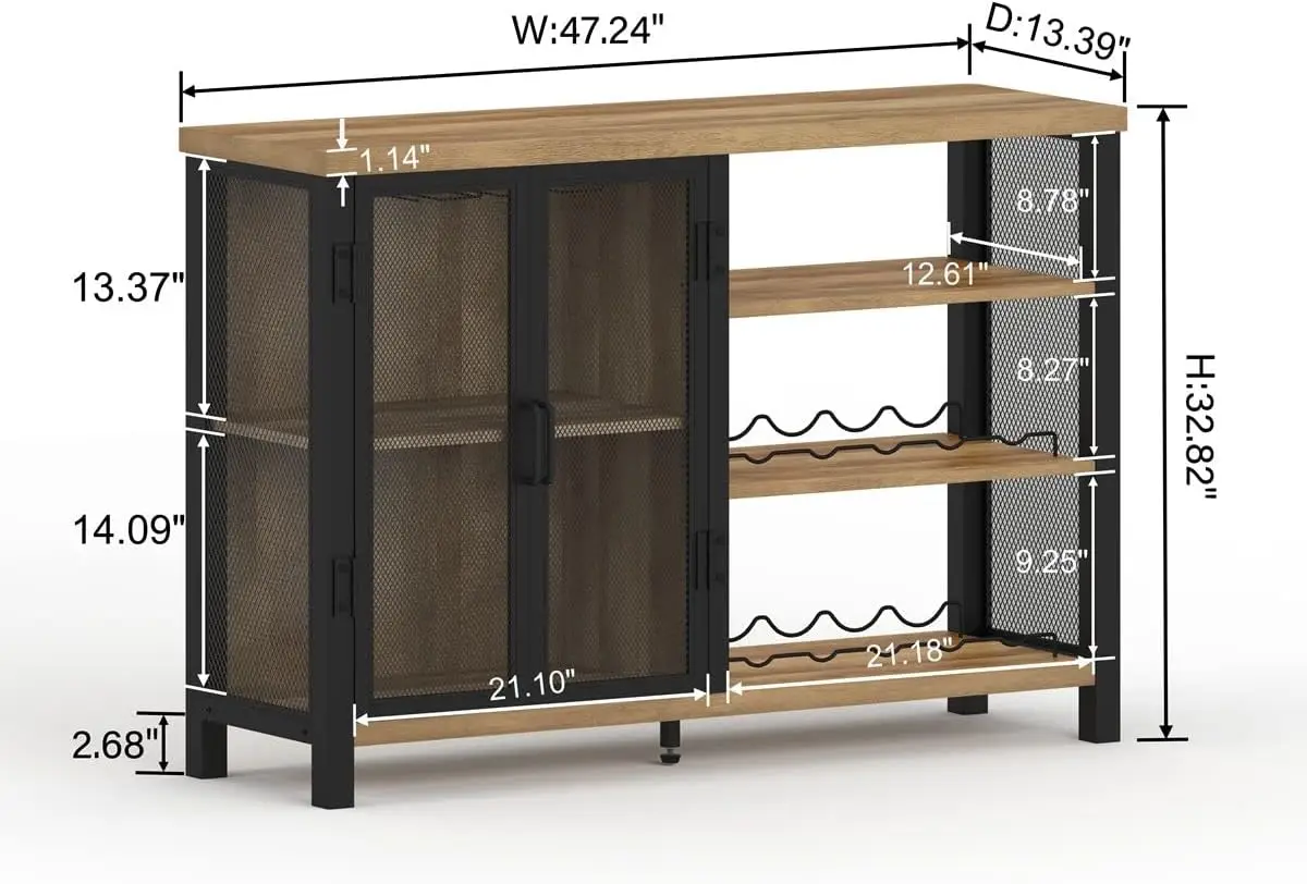 Bar Cabinet with Storage, Industrial Liquor Cabinet for Home, Buffet Sideboard with Wine Rack and Glass