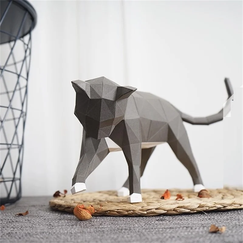 Playing Cat 3D Paper Model Kit Creative Home Desk Decor Props DIY Hand Made Geometric Paper Figures Craft Project Puzzles Toys