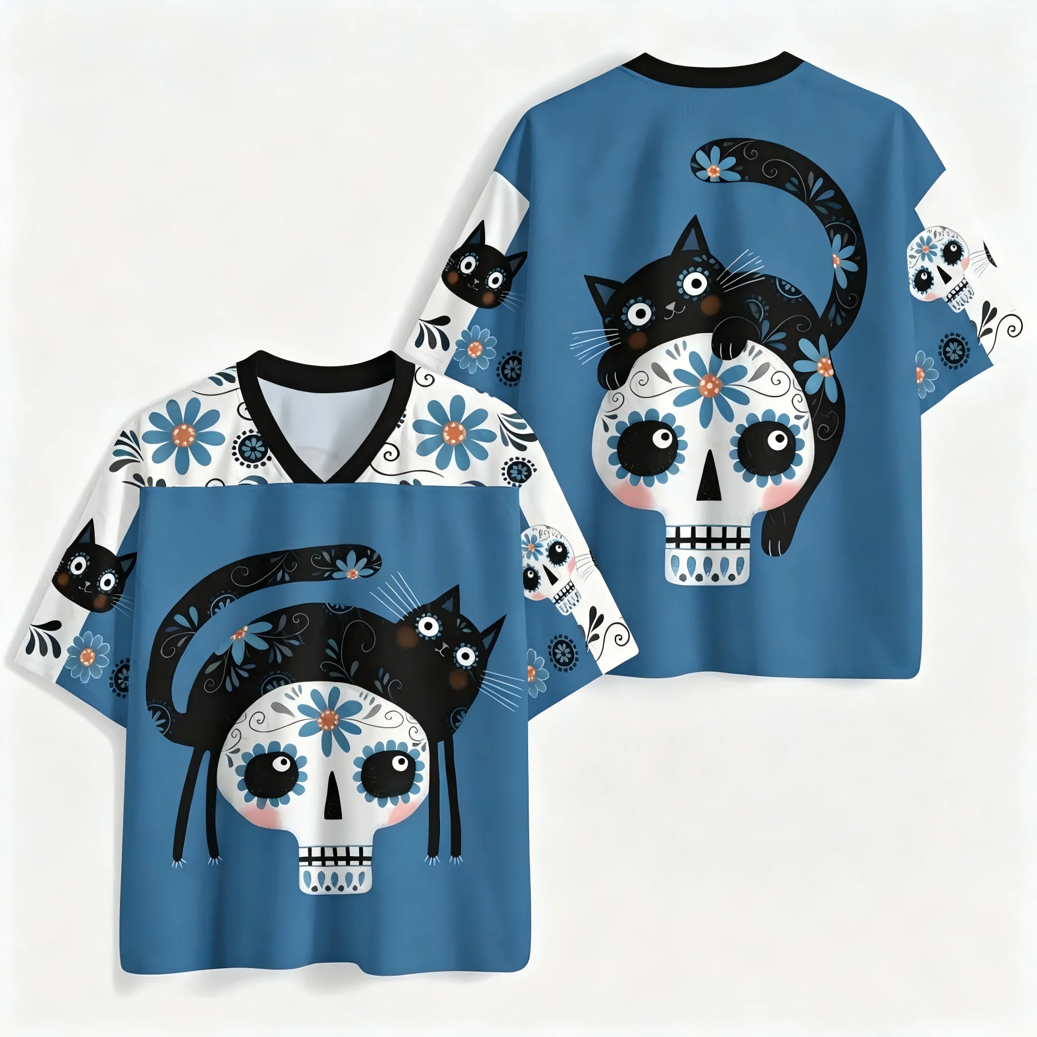 New Arrivals Day of the Dead Sugar Skull Black Cat Graphic V Neck Jersey Unisex Streetwear T-shirt For Festival Casual Wear