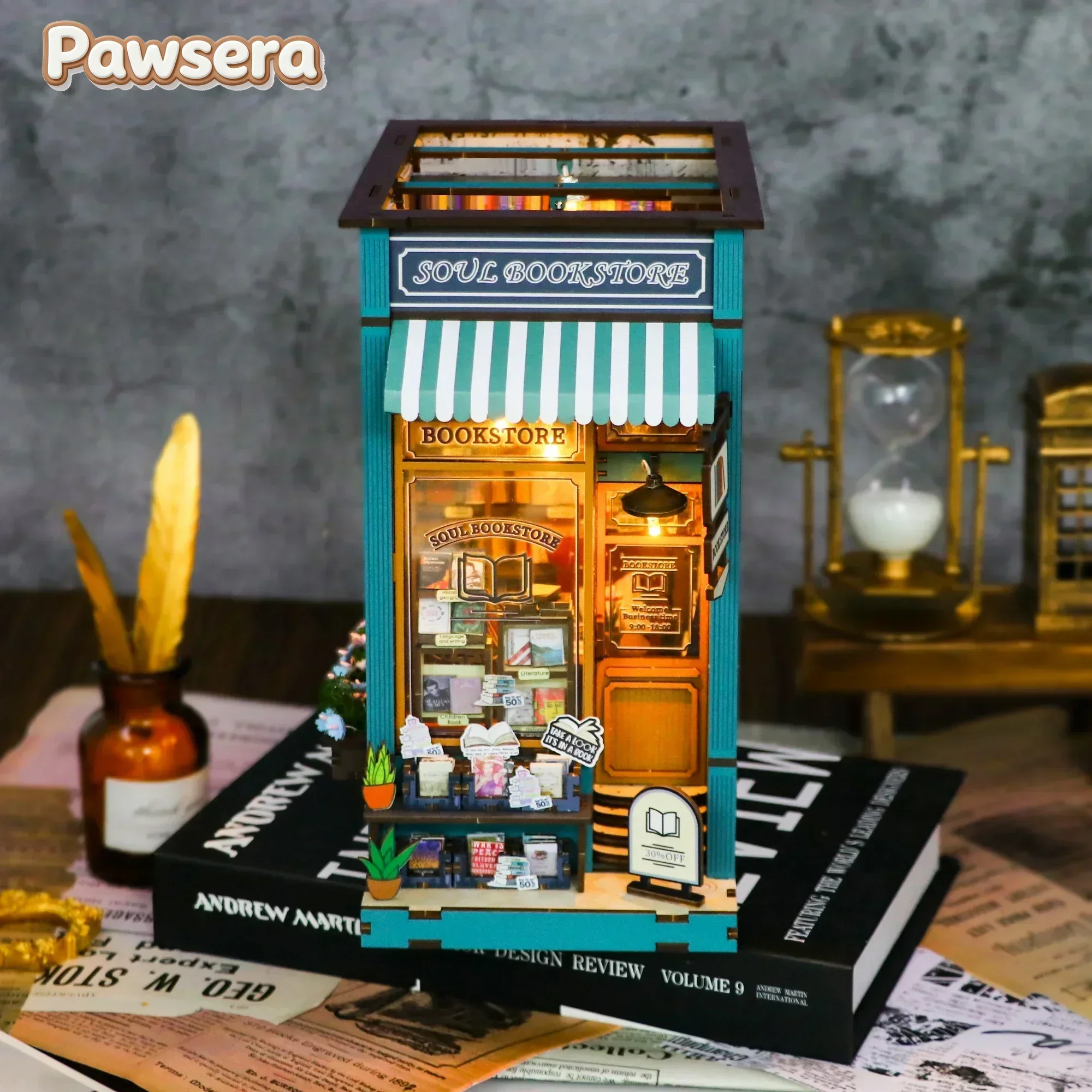 Pawsera DIY Wooden Soul Bookstore Book Nook Shelf Insert Kit Miniature Building Kits Bookshelf Bookends