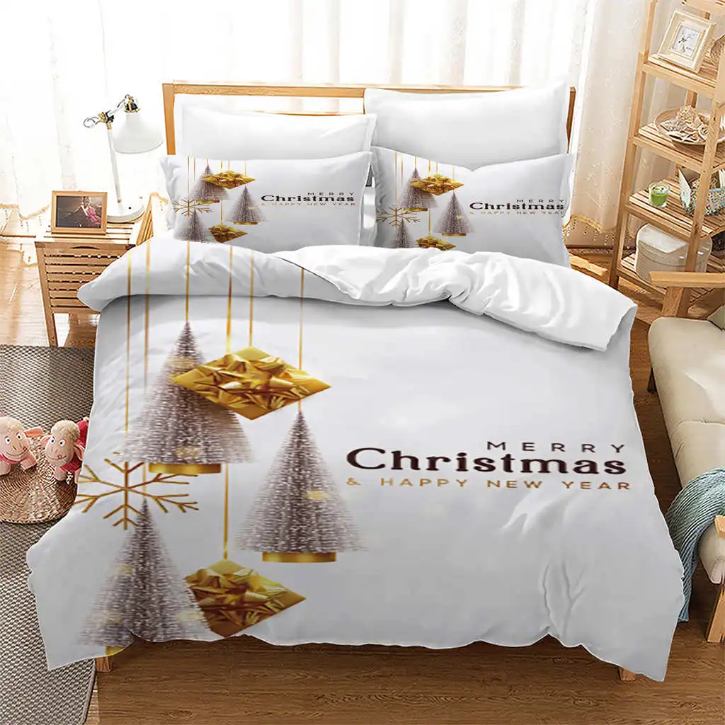 Duvet Cover Digital Print Christmas Duvet Cover Set, Snowflakes, Gold Lettering, Queen Size Bedding Set, New Year Child Gift