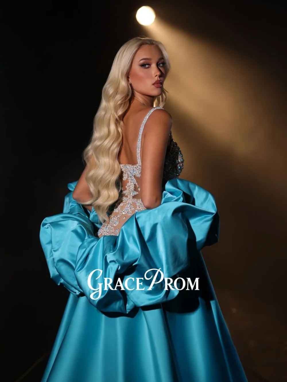 GraceProm Stylish Contrast-Cape Evening Dress 2026 Luxe Rhinestone Carpet Gown Trendy Sheath Floor-Length Party Gown