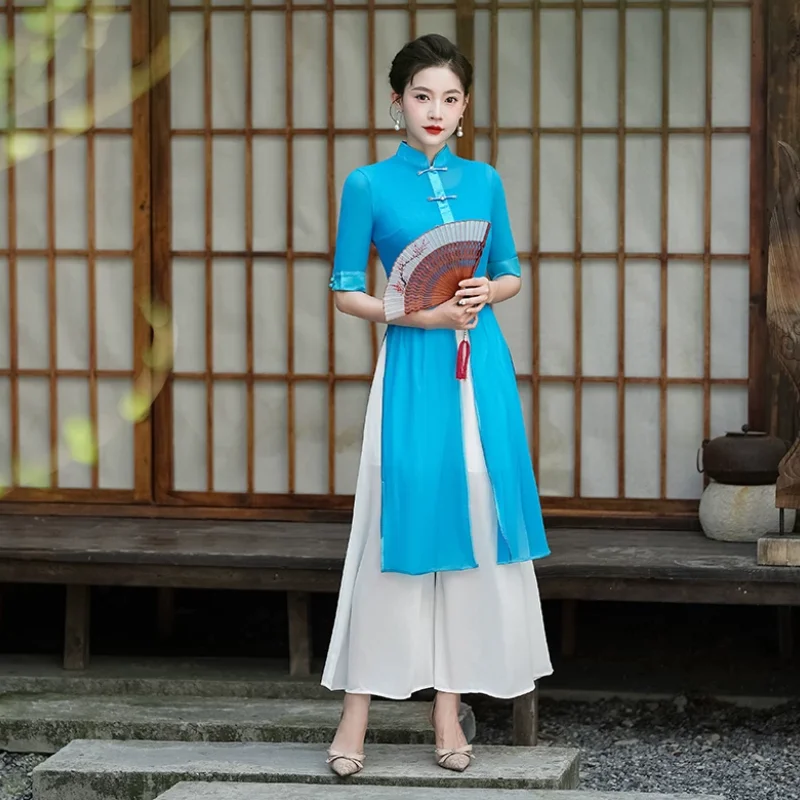 

Mesh Zen Clothing Chinese Style Aodi Cheongsam Gauze Clothing Stage Performance Costumes
