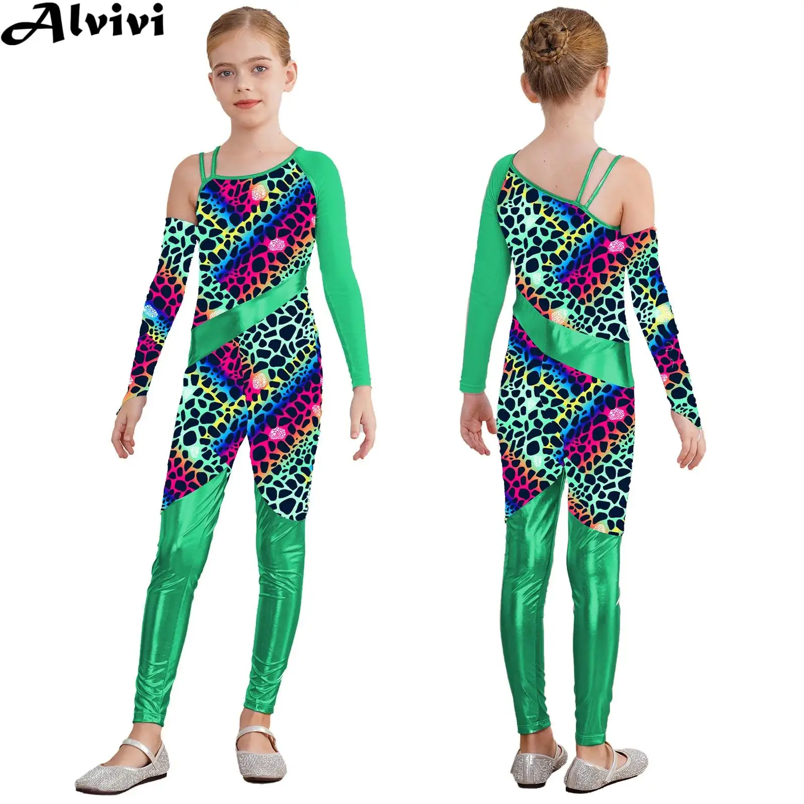 Kids Girls Ballet Dance Leotard Figure Skating Gymnastics Acrobatics Yoga Bodysuit One Shoulder Leopard Print Athletic Jumpsuit