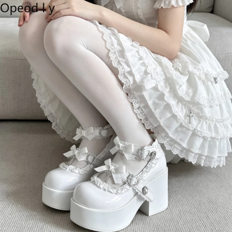 

Original Japanese Subculture Mine Series Muffin Shoes Sweet Bow Black and White Platform Shoes Elegant Princess Lolita Pumps
