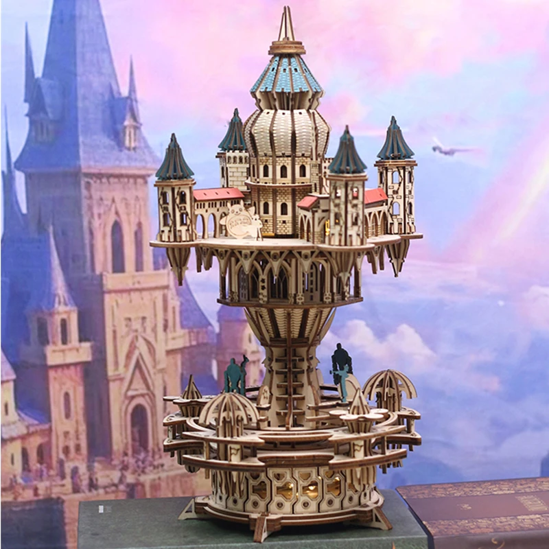 NUOVO fai da te 3D puzzle in legno castello nel cielo carillon modello in miniatura kit puzzle assemblati per amici regali di compleanno