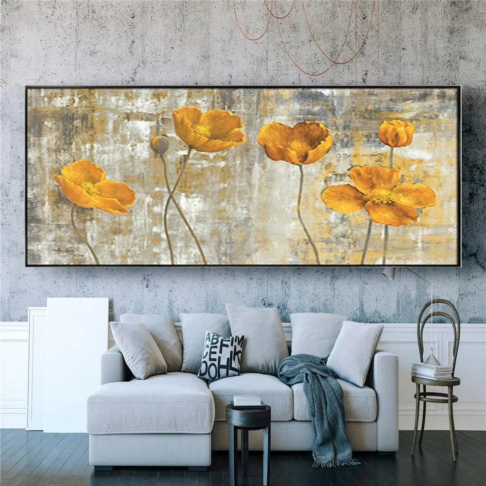 

Yellow Lotus Paintings Panel Mural 100% Handpainted Oil Painting Decor Living Room Golden Flower Wall Art Decorative Home Gift