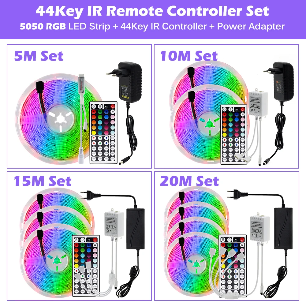 RGB LED Strip Light 5050 2835 Flexible LED Light Strip 10M 15M 20M 12V RGB LED Tape Set with Wifi / Bluetooth Music Controller