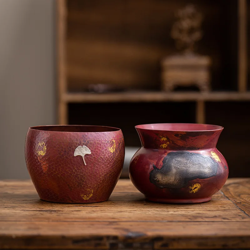 Japanese Style Copper Jian Shui Tea Bowl, Hammered Copper Tea Waste Container, Multi-functional Water Basin for Gongfu Tea Set